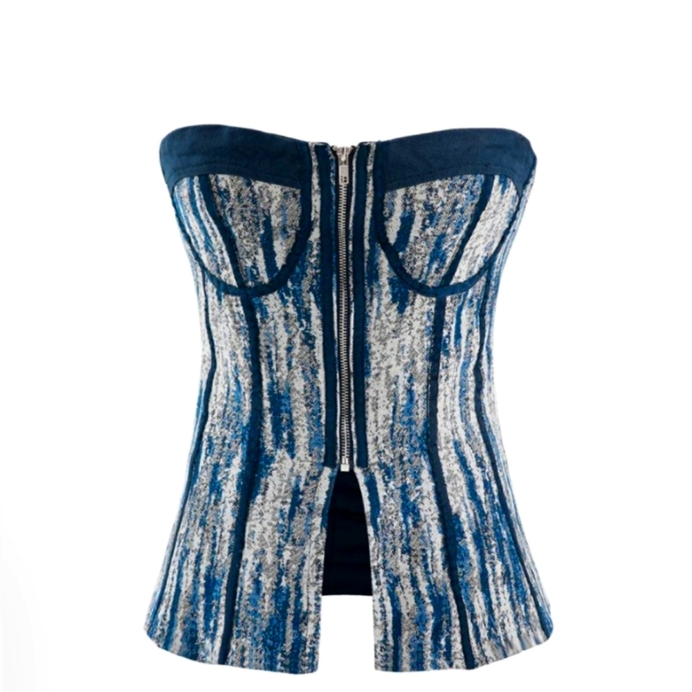NWT. XL Micas Blue Strapless Bustier. Front zip closure.